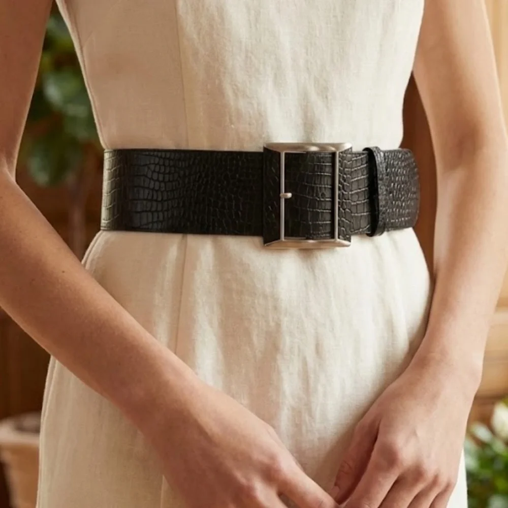 Cold water Creek Trendy Elegant Black Crocodile-Embossed Belt‎